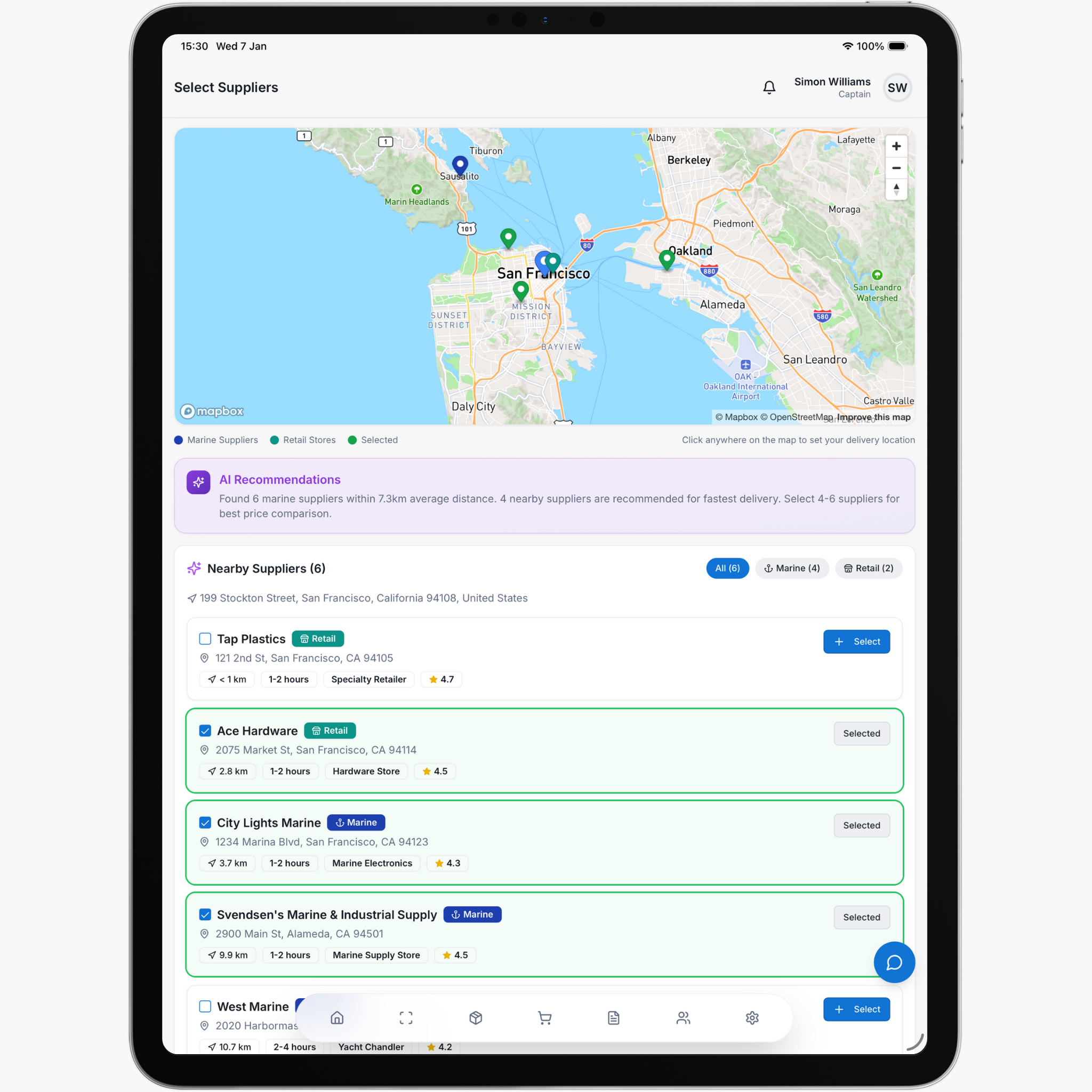 AI-powered yacht procurement dashboard showing RFQs, inventory alerts, and supplier comparison