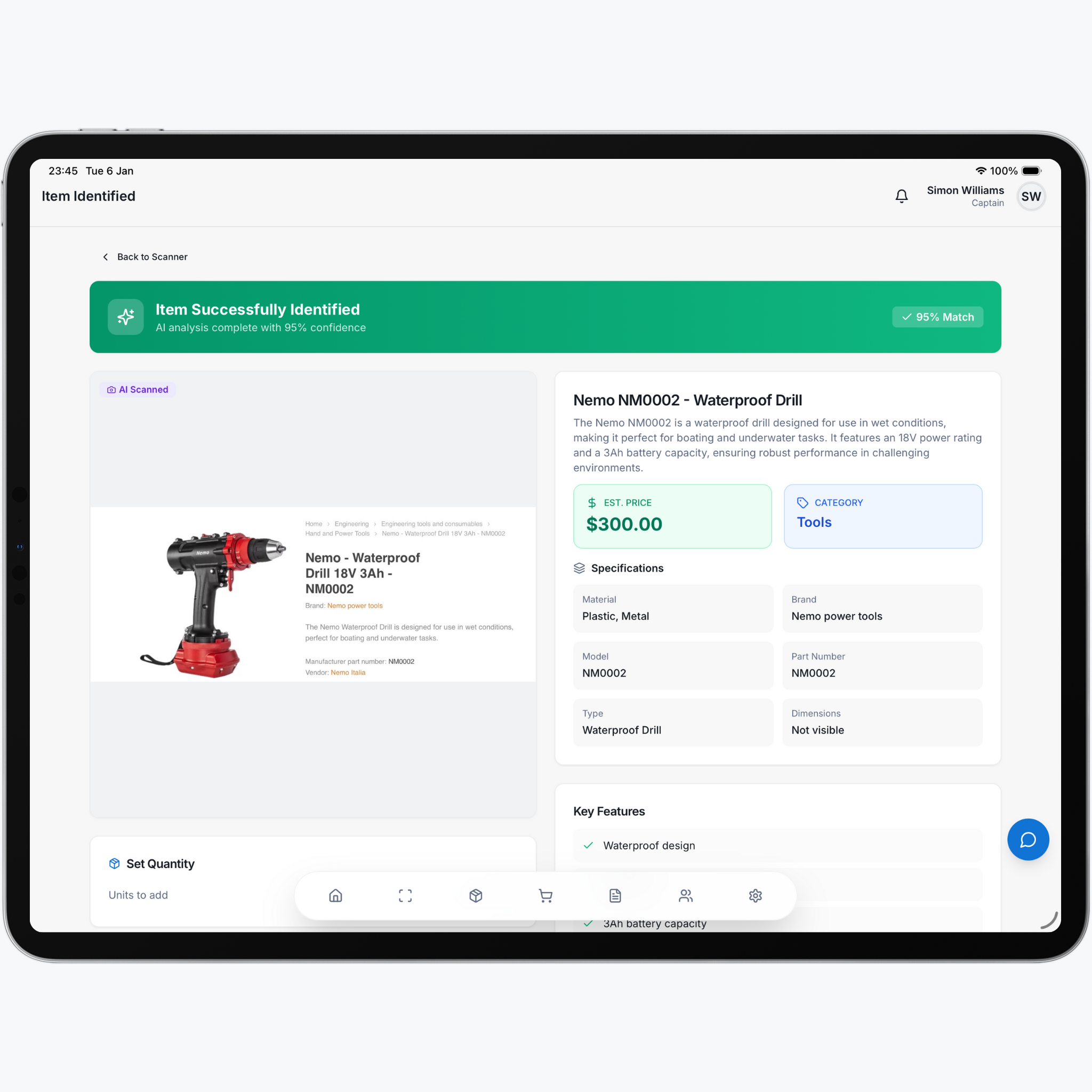 AI-powered yacht procurement dashboard showing RFQs, inventory alerts, and supplier comparison