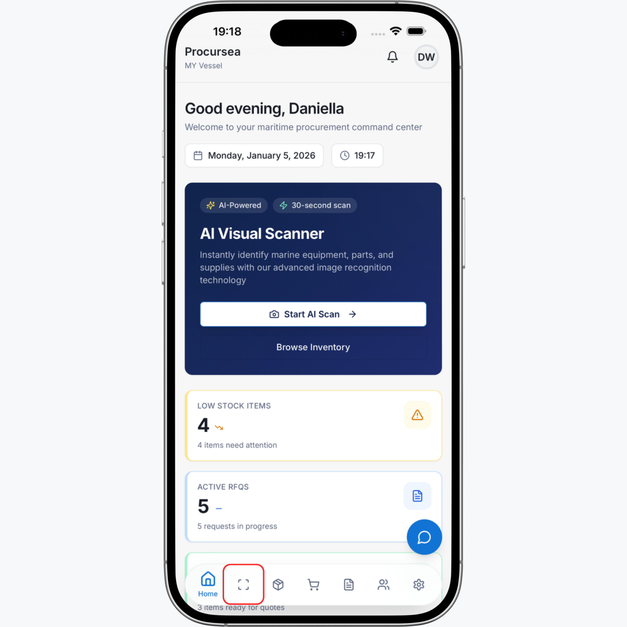 AI-powered yacht procurement dashboard showing RFQs, inventory alerts, and supplier comparison