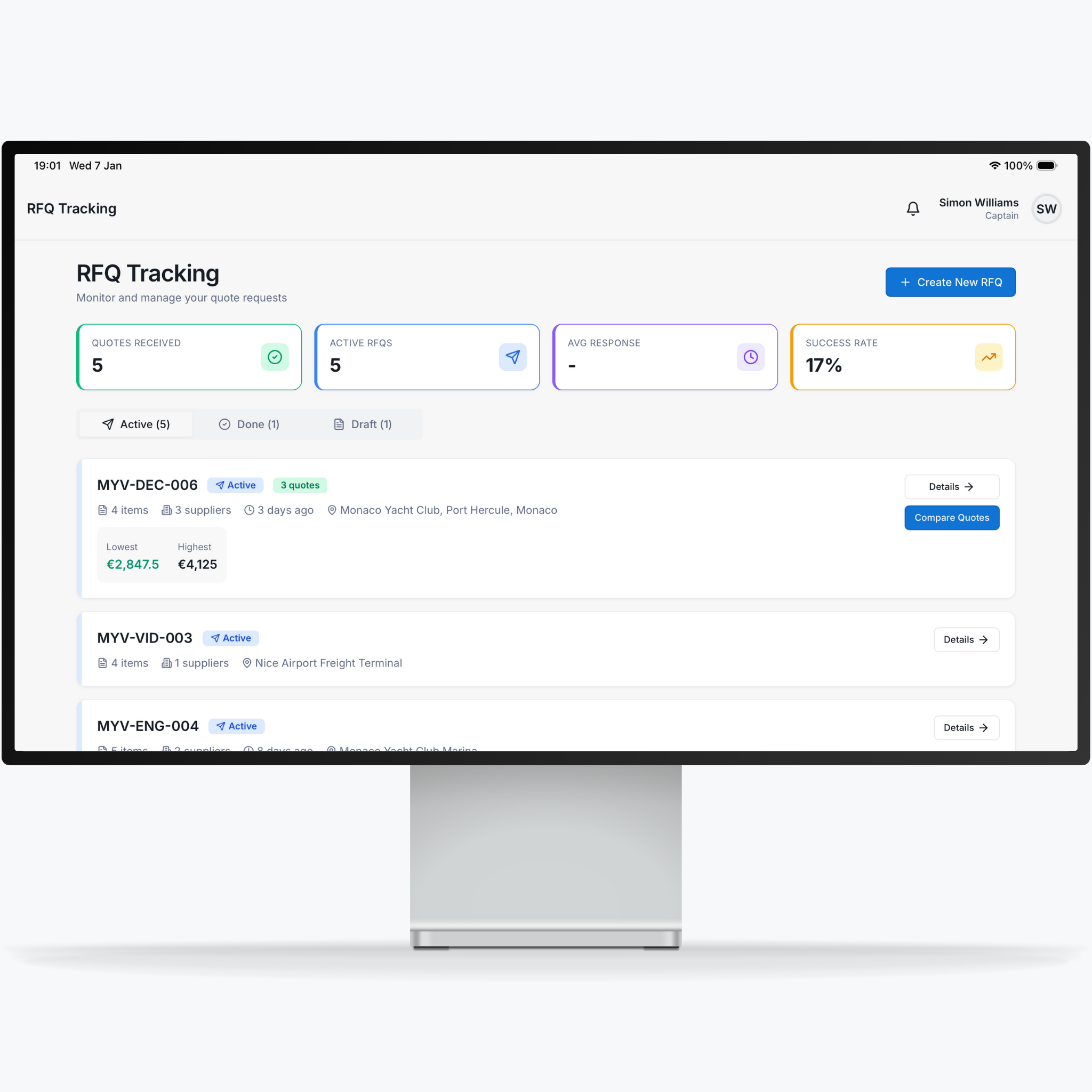 AI-powered yacht procurement dashboard showing RFQs, inventory alerts, and supplier comparison