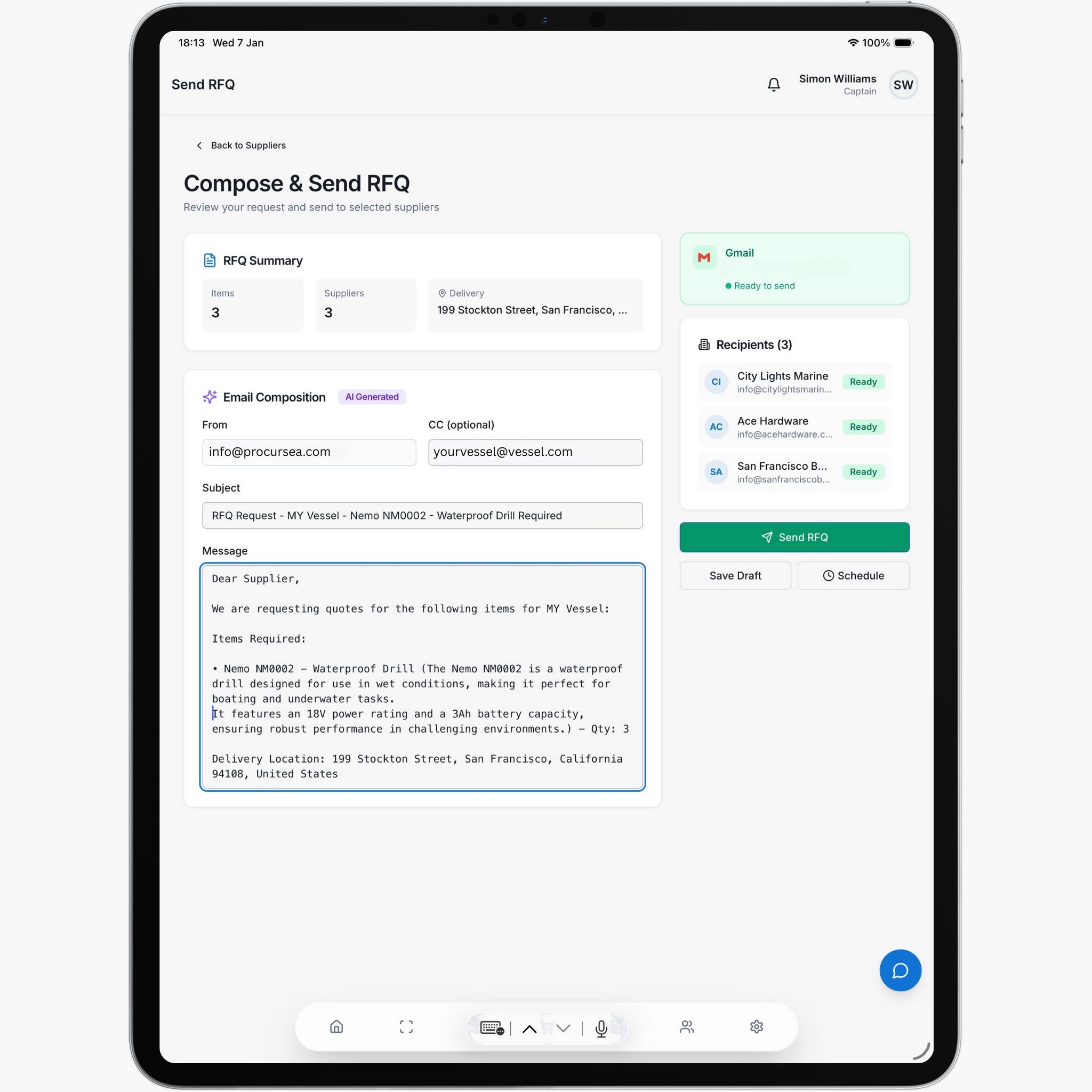 AI-powered yacht procurement dashboard showing RFQs, inventory alerts, and supplier comparison